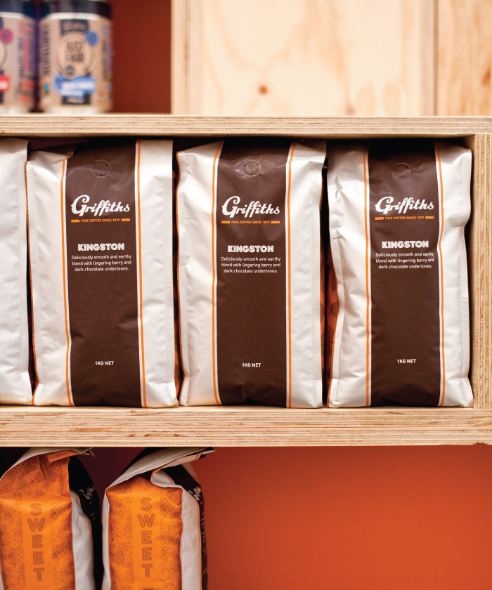 griffiths coffee bags on a shelf